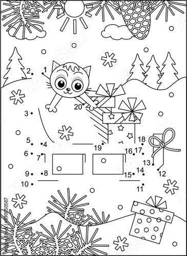 Santa's sledge, gifts or presents, kitten and lost box. Connect the dots picture riddle and coloring page. Winter holidays, Christmas, New Year. Black and white, printable.
