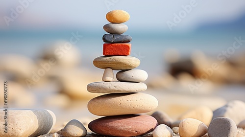 Meditation Rock Stack Poise Stones for Serenity and Mindfulness Simple Harmony Five Stones on White Background for Tranquility Stone Cairn for Peaceful Wellness Background