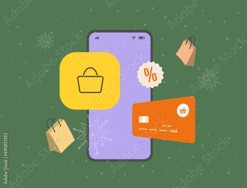 Holiday Ecommerce with shopping bags and colorful christmas gifts. Online xmas holiday trend shopping concept. Vector illustration isolated on green background with snowflakes icons