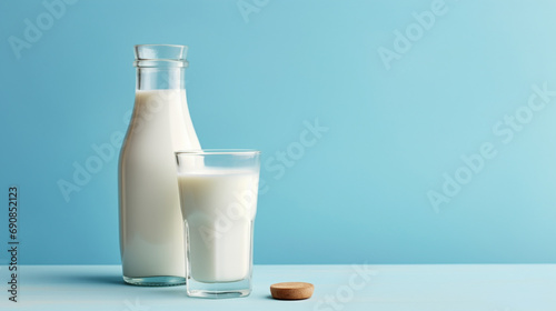 青い背景に木製のテーブルの上に牛乳瓶と牛乳の入ったグラスGenerativeAI