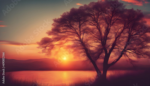 Sunset nature with tree. Sunset background.