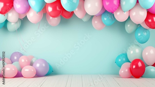 Helium balloons arch on pastel background. Wall decorated with colorful balloons for birthday party, baby shower, wedding. Mockup, template for greeting card.