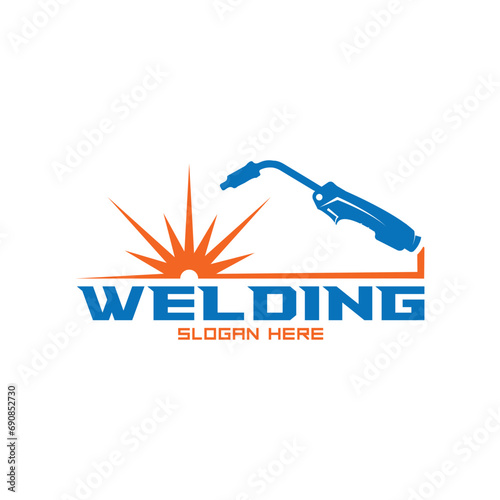 Welding torch with spark logo design. Welder tool vector design. Welding work logotype