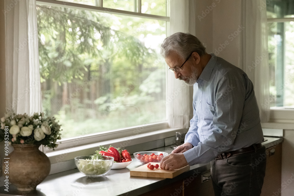 Aged man cooking. Inspired mature grey haired grandpa cook morning breakfast at home kitchen alone. Concentrated mature male prepare salad cut fresh vegetables on table at country cottage. Copy space Aged man cooking. Inspired mature grey haired grandpa cook morning breakfast at home kitchen alone. Concentrated mature male prepare salad cut fresh vegetables on table at country cottage. Copy space
