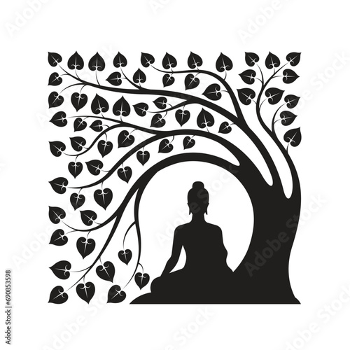 Black Buddha Meditation sit under bodhi tree with leafs abstract modern square shape style vector design photo