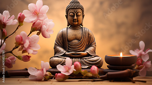 Buddha mit Bambus Massage Steinen und Schale photo