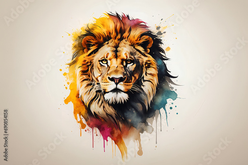 A Striking Watercolor Illustration of a Lion's Face on a Clean White Canvas