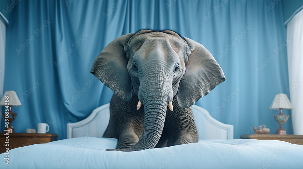 Elephant in blue outfit standing on top of blue bed