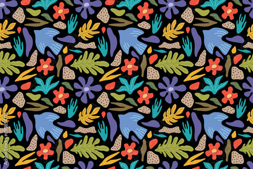 Seamless abstract floral pattern Flowers plants on a black background