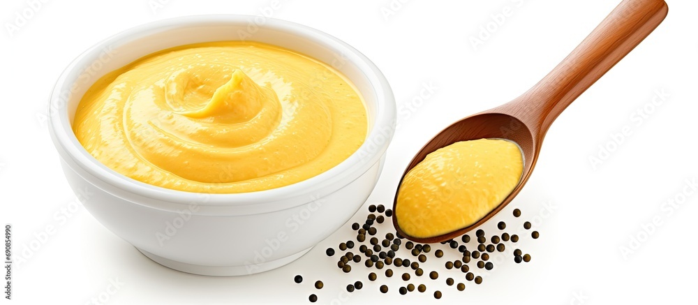 Mustard sauce container with powdered seeds. Scoop of whole mustard. Mustard sauce container with powdered seeds. Scoop of whole mustard.
