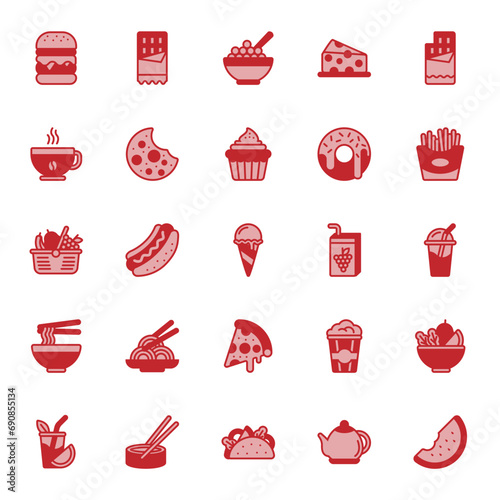 Set of Food and Drink Dual Tone Icon Design Vector. juice, roll, salad, bar, coffee cup, popcorn, pizza, cupcake, taco, burger, cereal, french fries, smoothie, watermelon, ice cream, hot dog, milkshak