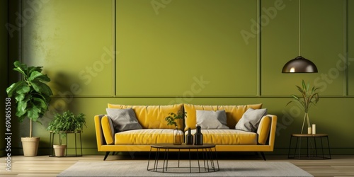 Living room in modern, cozy style with sofa and chair on yellow and green wall background furniture cosy home photo