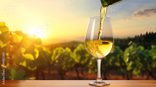 Savoring a Glass of Wine Amidst the Majestic Sunset Overlooking Mountains and Greenery  Wine and Summer Magic generative AI 
