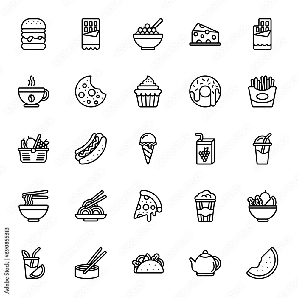 Set of Food and Drink Line Icon Design Vector. juice, roll, salad, bar, coffee cup, popcorn, pizza, cupcake, taco, burger, cereal, french fries, smoothie, watermelon, ice cream, hot dog, milkshake.