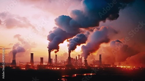 Aerial video clip of an industrial factory that emits toxic fumes and PM 2.5 dust. air pollution concept photo