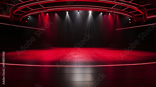 Modern red stage with dynamic lighting and dark ambiance, ideal for performance and concert backgrounds. AI Generative