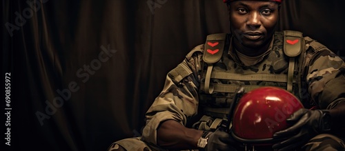 African soldier donating blood for injured comrades using red heart-shaped ball to pump blood into bag.