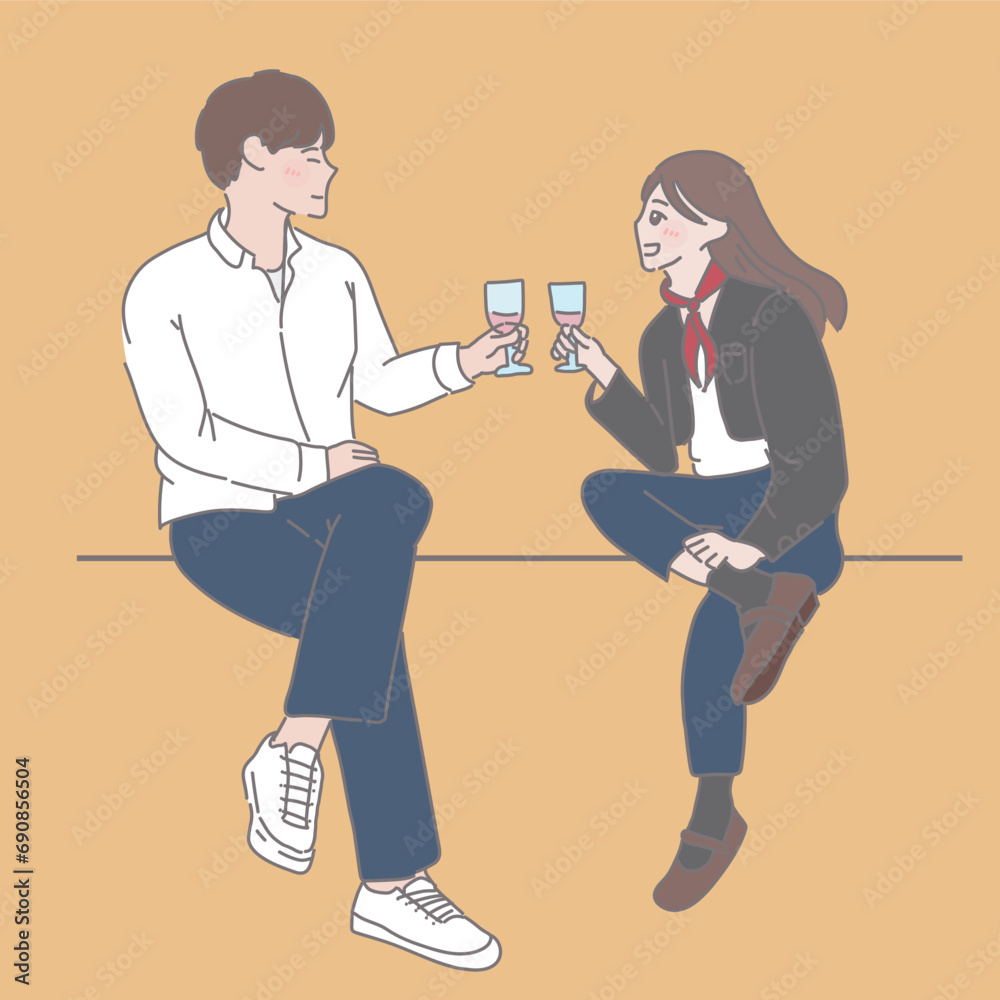 Obraz premium happy couple chatting in the evening, in the style of shige's visual aesthetic style, schoolgirl lifestyle, cult party kei, subtle chromatism, smooth and shiny
