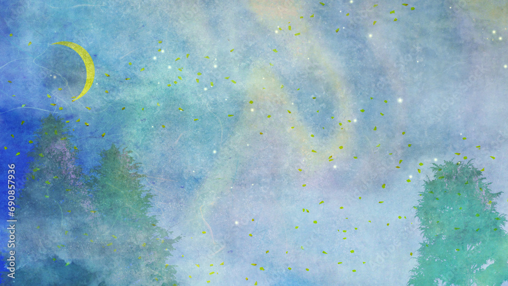 神秘的なオーロラの空に金の三日月とモミの木|和紙テクスチャクリスマス背景イラスト（ブルー）