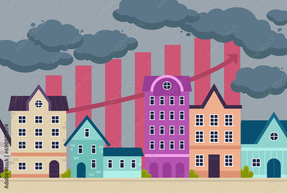 Clouds over houses as symbol of tension in rental market. Vector illustration. Diagram with arrow up on background. Housing crisis, real estate problem concept