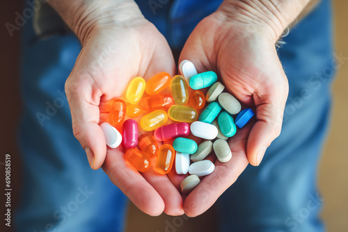 Medical pills in hands. Old person hands holding many multicolored pills. Senior health care concept.