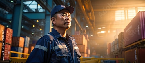 Asian worker performing logistics, inspecting shipments, and jotting down inventory at an outdoor warehouse or port in the supply chain industry.
