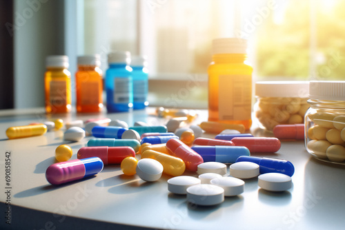 Lots of different colorful pills on a white table with bottle in the background. Medicinal tablets.