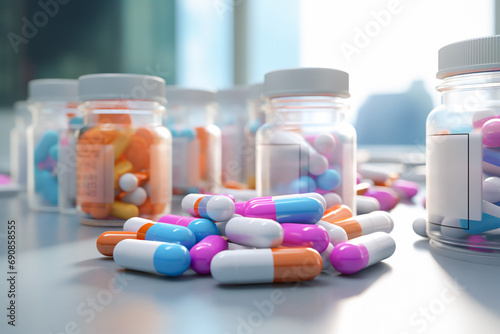 Lots of different colorful pills on a white table with bottle in the background. Medicinal tablets.
