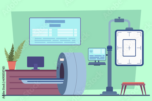 Hospital interior with magnetic resonance tomography equipment. Vector illustration with medical diagnostic tools. Musculoskeletal health, tomography, treatment concept