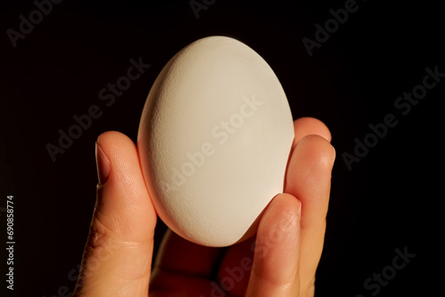 White chicken egg in a woman's hand. photo