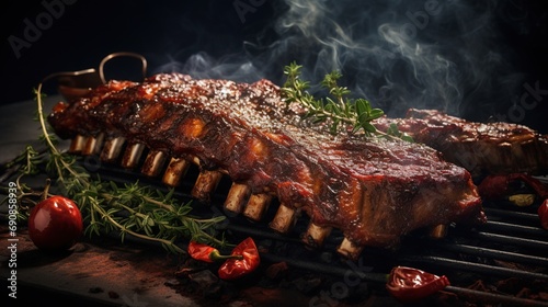 Delicious juicy barbeque ribs on smoker for dinner and party concept. Created with Generative AI photo