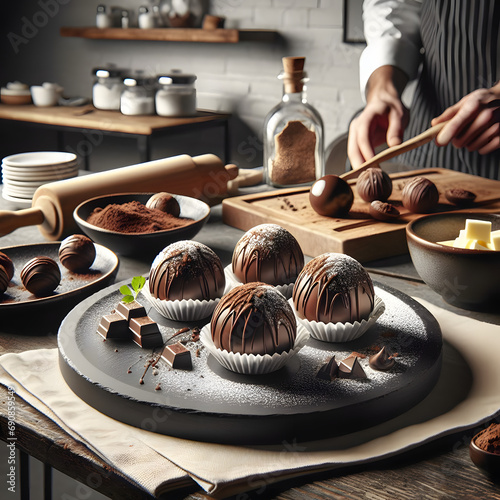 Éxtasis de Cacao: Un Primer Plano de una Trufa de Chocolate, Dulce Tentación: Retrato de una Trufa de Chocolate, Lujo Oscuro: Un Vistazo a la Trufa de Chocolate Perfecta