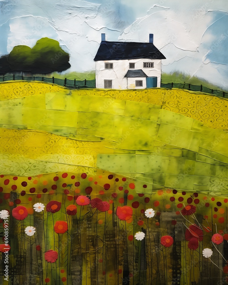 house field flowers fence collage welsh flag calm contented rounded