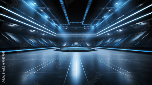 Futuristic blue-lit corridor with geometric walls, modern sci-fi interior design for gaming or movie set background. AI Generative
