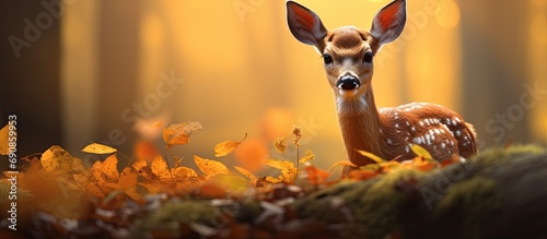 Autumn forest with a cute fawn. © AkuAku