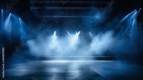 Modern stage with dramatic blue lighting and haze, perfect for presentations, events, and entertainment industry backdrop. AI Generative