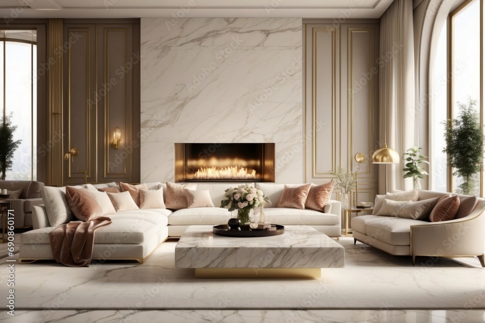 Elegant Living Room with Marble Details and Golden Accents