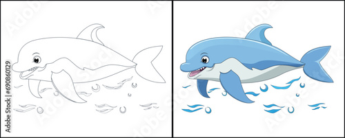 Coloring page for Dolphin vector illustration. Kindergarten children Coloring pages activity worksheet with cute Dolphin cartoon. Dolphin isolated on white background for color books.