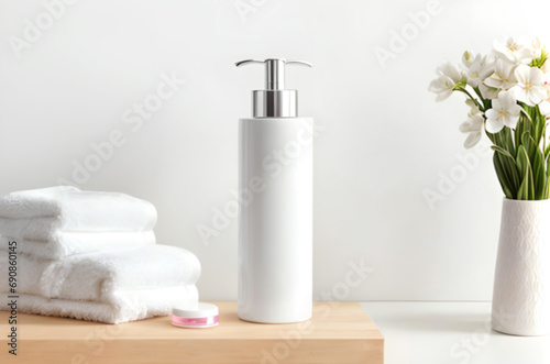 white cosmetic shampoo bottle mockup with towel ai generated