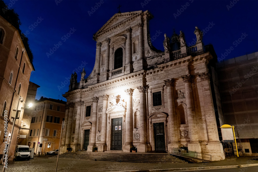 The Basilica of San Giovanni dei Fiorentini illuminated at night