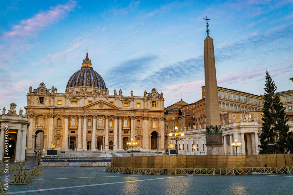 St. Peter's Basilica and Obelisk of St Peter's Square in Vatican, Italy
