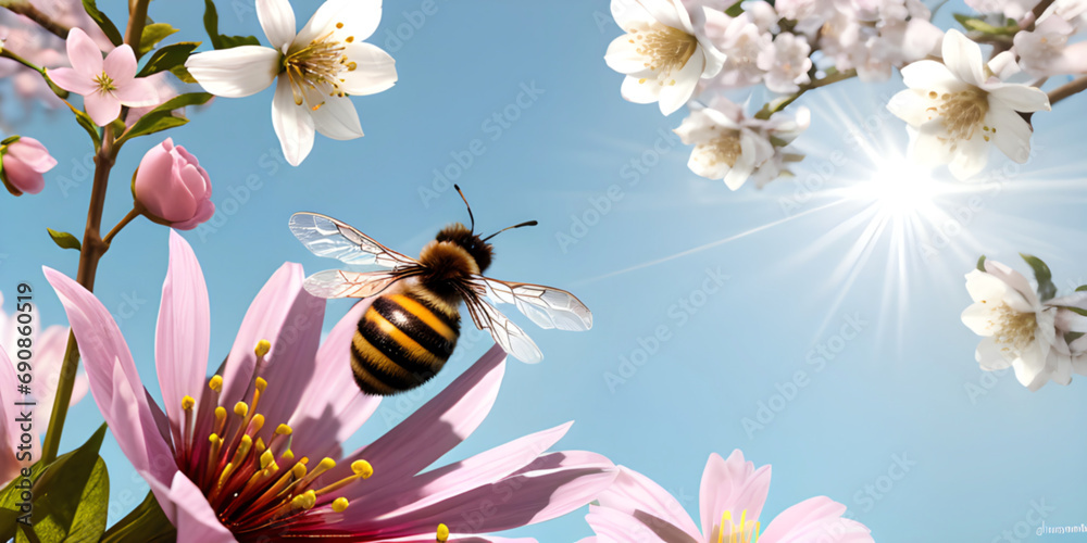 bee with spring flower background ai generated - obrazy, fototapety, plakaty 