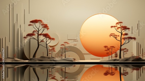 A vibrant painting of a lush landscape, adorned with blooming flowers and towering trees, basking in the warm glow of a radiant sun as its reflection dances on the indoor wall