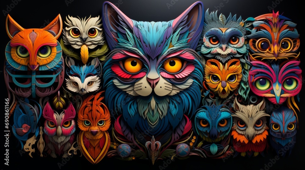A whimsical masquerade of masked owls, adorned in vibrant clothing and artistic flair, dancing to the beat of their own cartoonish charm
