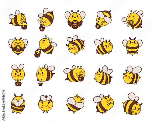 Cartoon cute bee character. Kawaii insect holding honey pot. Hand drawn style. Vector drawing. Collection of design elements.