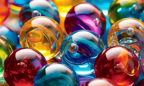Close up of colourful glass marbles, spheres, balls. Abstract bright background. Generative AI