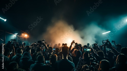 A concert or live performance with a crowd of people enjoying the music and entertainment. the dynamic atmosphere of a music eventer