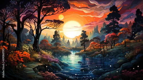 An ethereal landscape painting of a majestic tree-lined river flowing into a fiery sunset, surrounded by a wild reef, evoking a sense of natural beauty and untamed wonder in the great outdoors photo