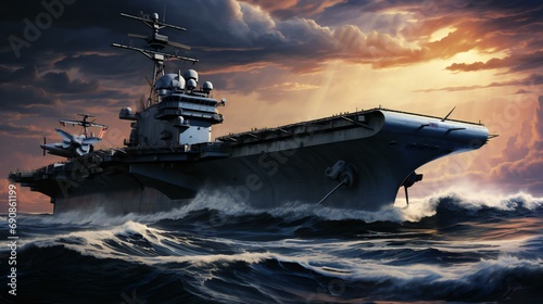 A naval scene with a military ship in the sea, emphasizing elements of war, battleships, and naval defense
