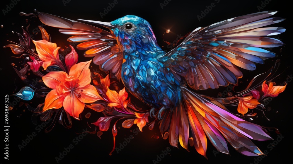 A vibrant bird takes flight, its intricate feathers a canvas of blooming flowers in a stunning display of living art